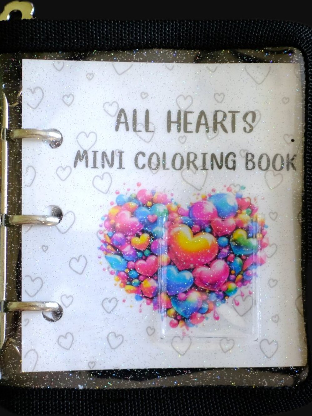 Mini Coloring Book & Pencil Set, All Hearts, Handmade, 3 ring binder, zipper
